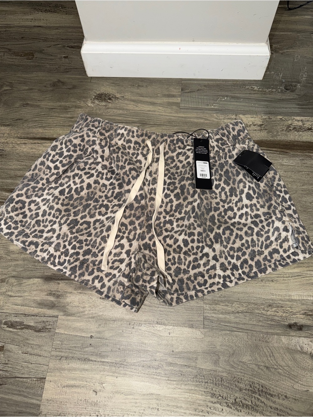 Fashion Nova Beige and Gray Leopard Print Drawstring Jean Shorts